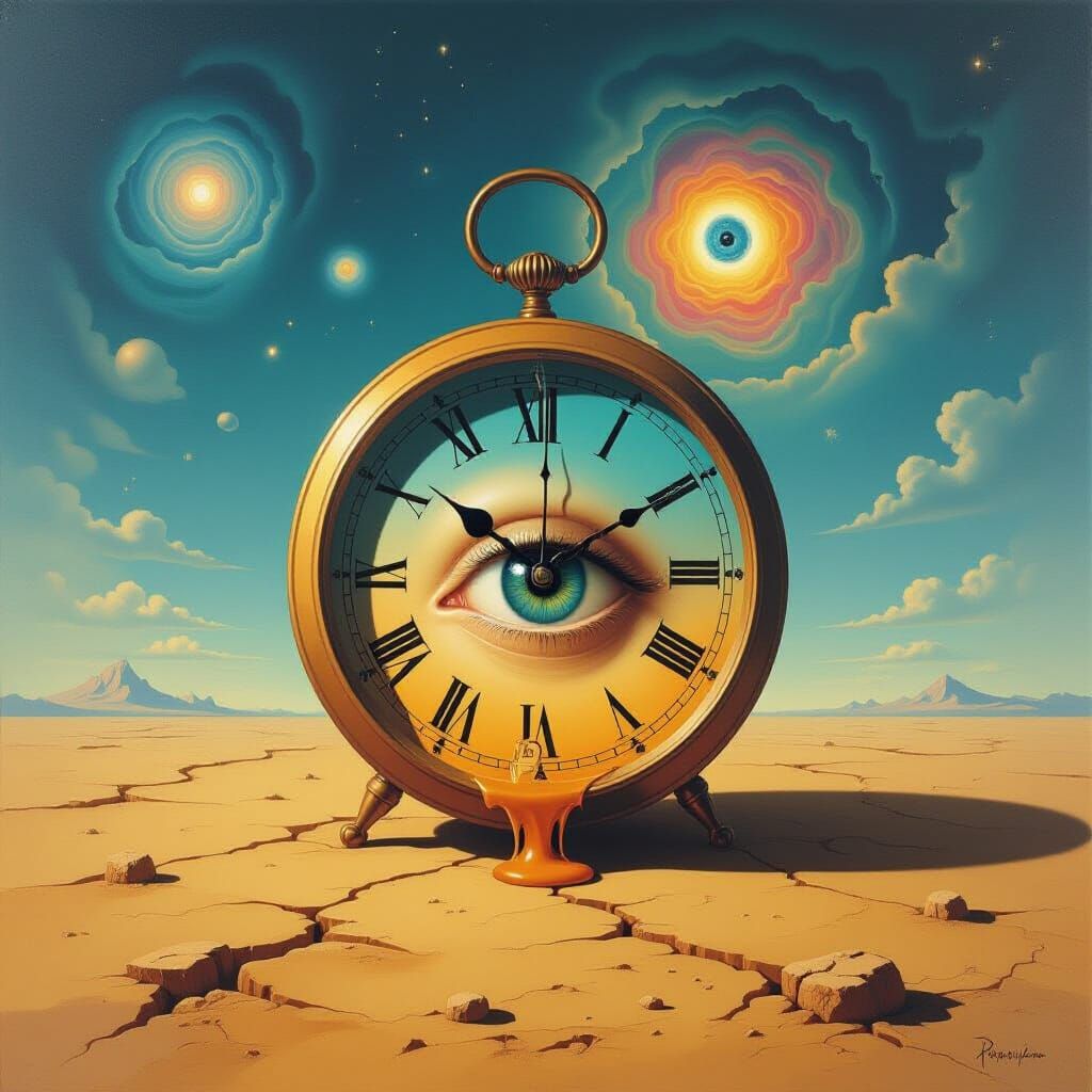 Surreal Melting Clock Landscape in Dalí Magritte Style