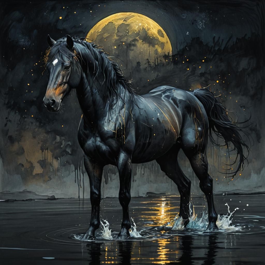 Black Stallion by River in Ink Illustration