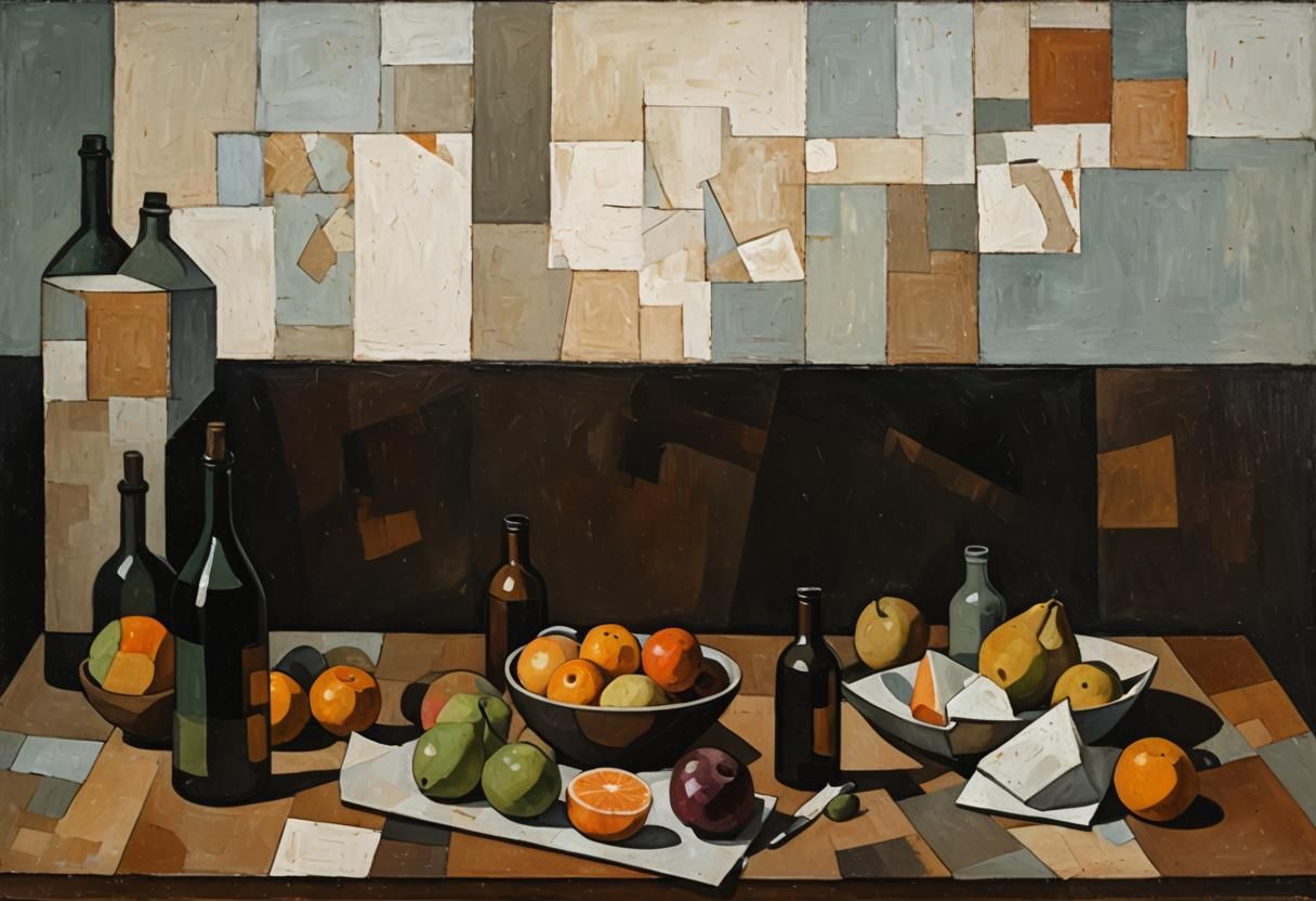 Cubist Still Life with Fruit and Bottles