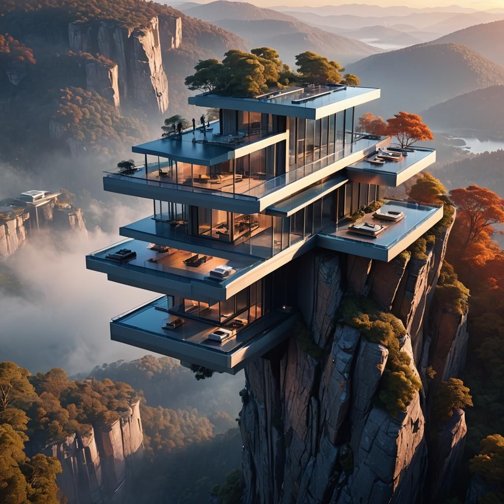 Futuristic Cantilever House with Sunset Reflection