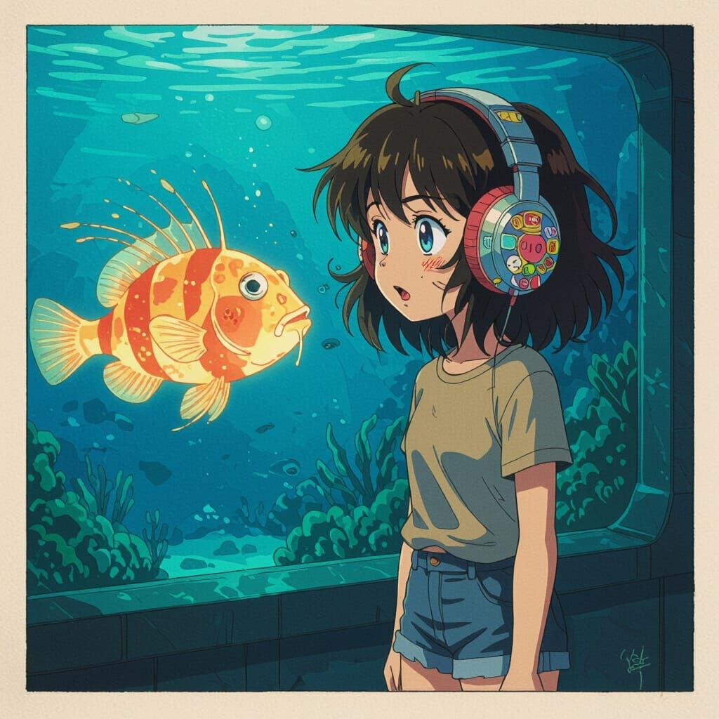 Anime Girl Amazed by Anglerfish in Aquarium