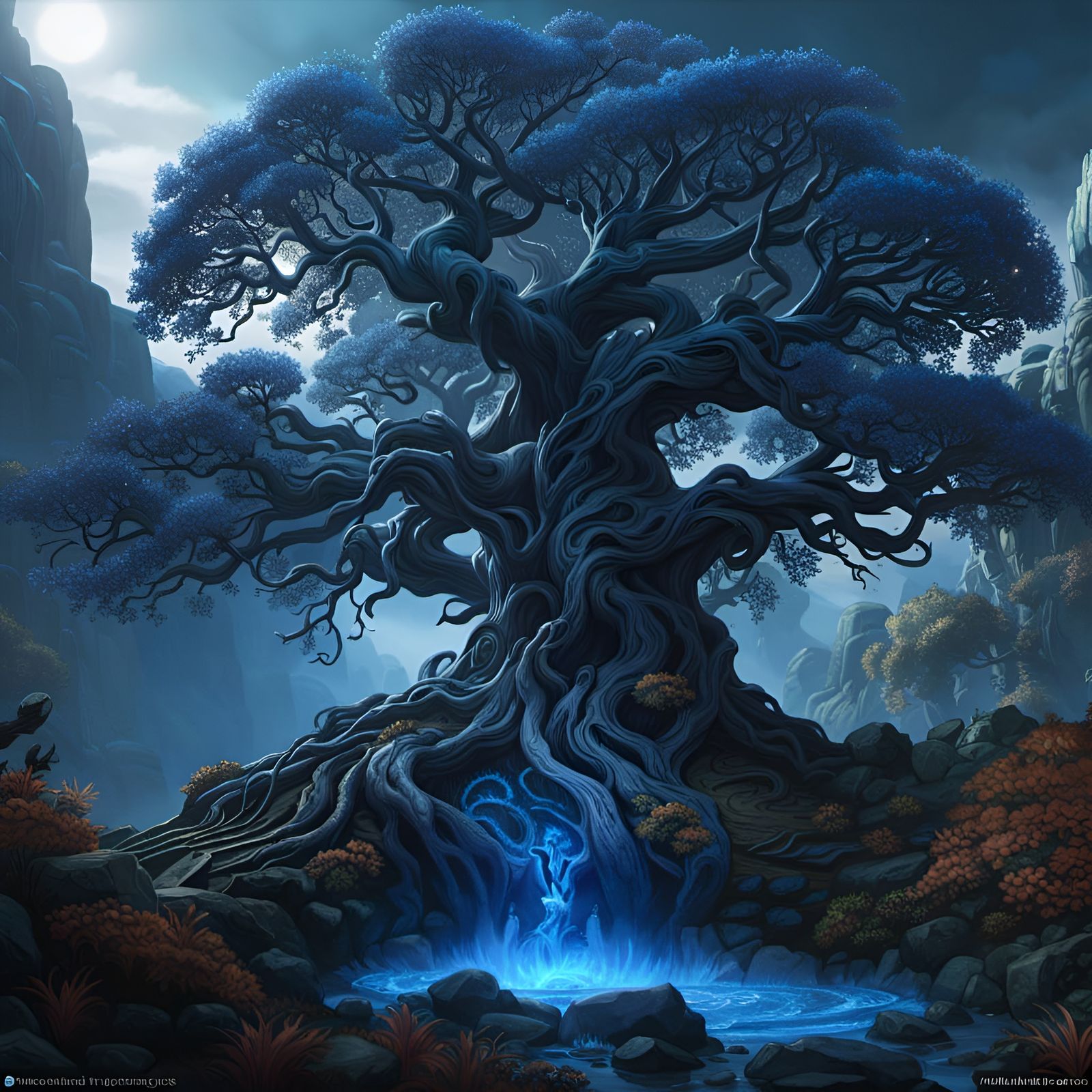 Magnificent Ancient Blue Tree in Dark Fantasy Style