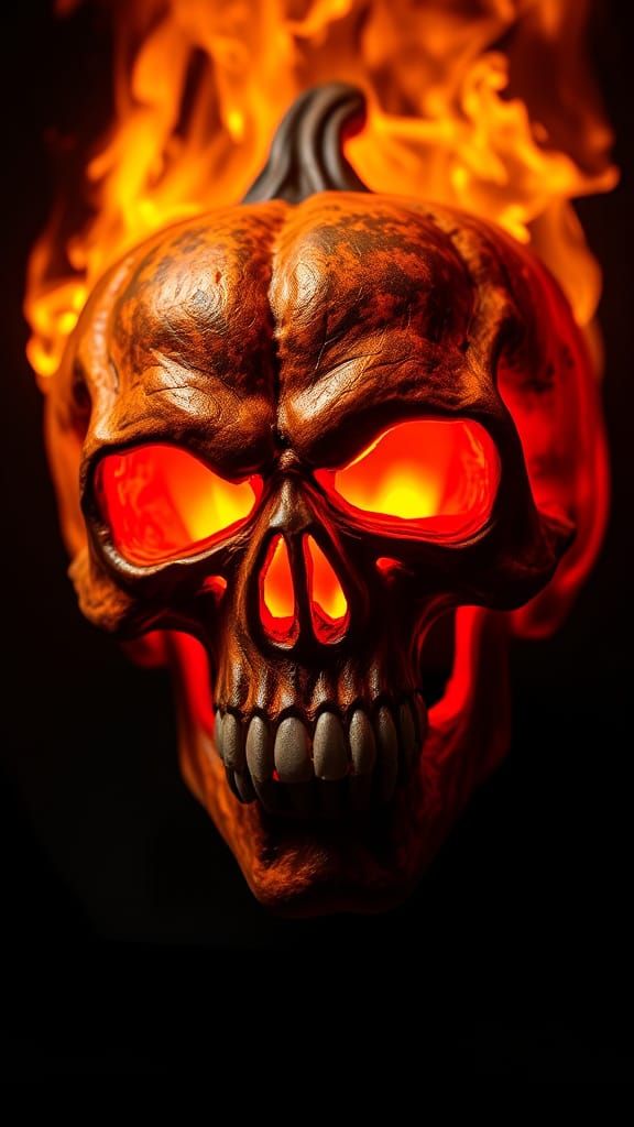 Flaming Pumpkin Skull in Hyperdetailed 64K Resolution