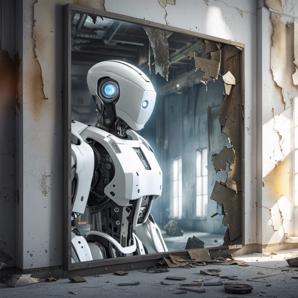 Hyperrealistic Robot Gazing at Reflection in Ruins