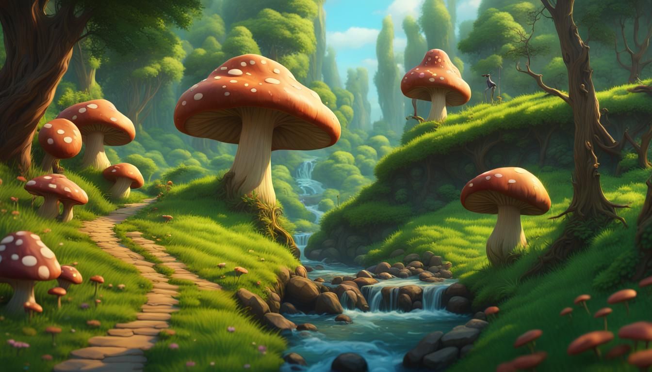 Lush Forest Stream with Fairyland Bridge in Fantasy Art