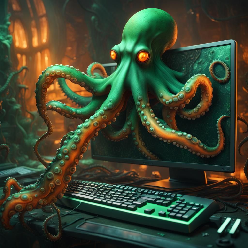 Octopus Tentacles Emerge from Computer Screen