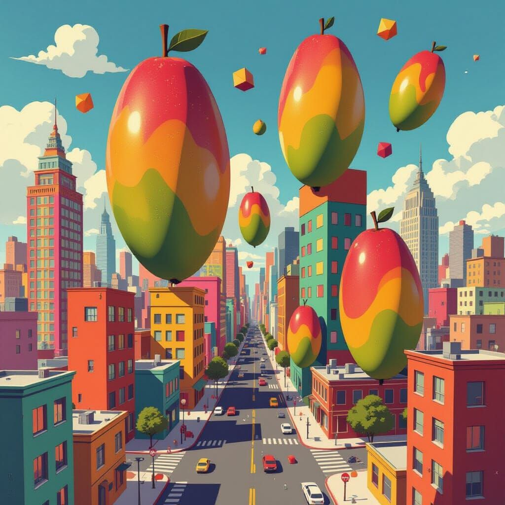 Surreal Mango Cityscape with Floating Shapes