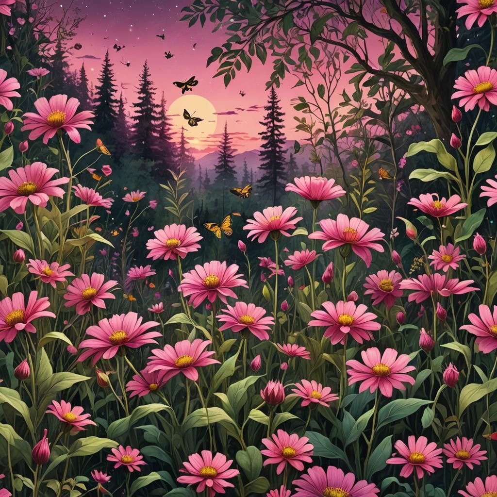 Pink and Green Flower Wilderness, Watercolour Digital Art