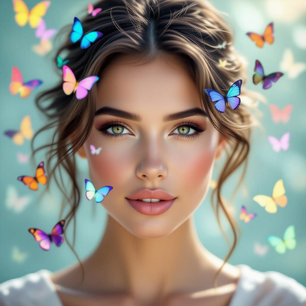 Beautiful Woman With Swirling Butterflies in Hyperrealistic ...