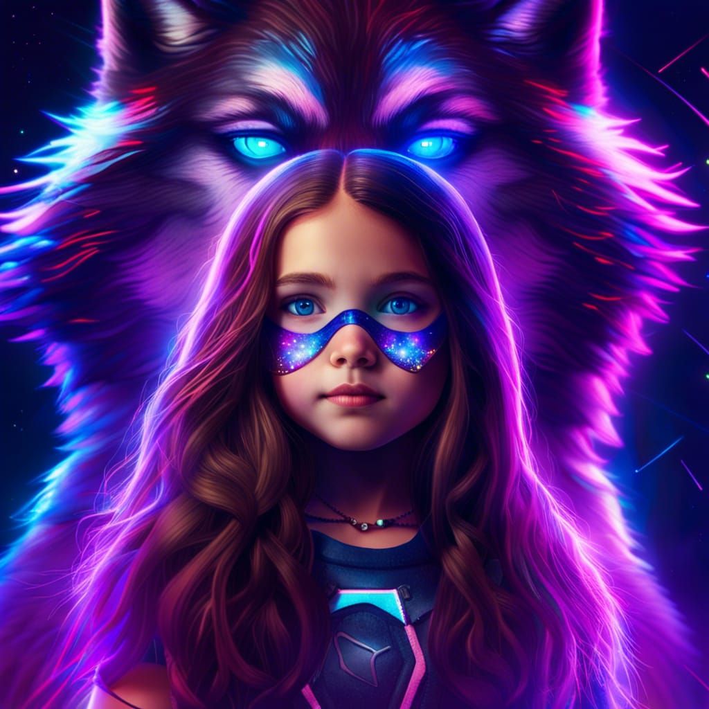 Neon Superhero Girl and Galaxy Wolf Companion