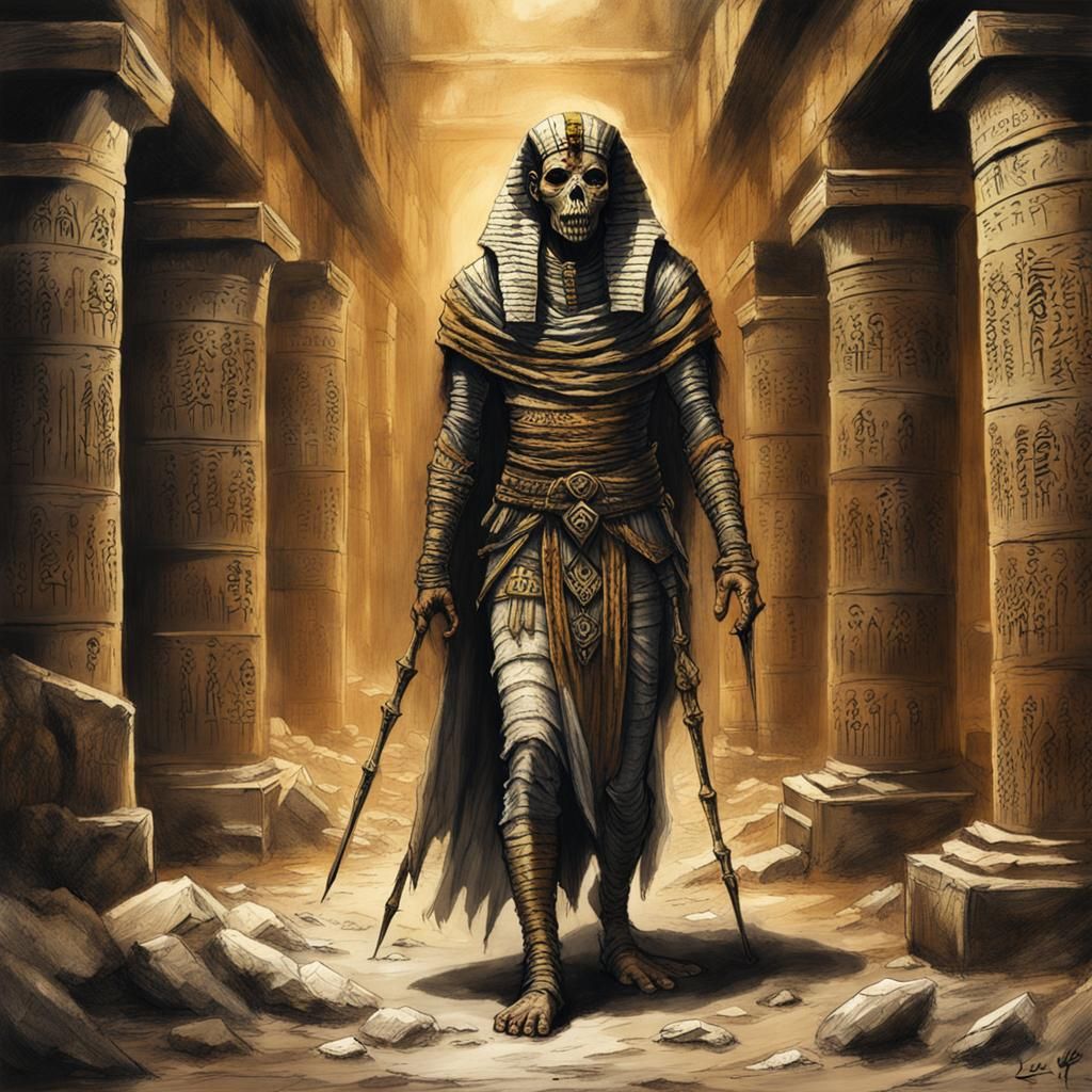 Egyptian Mummy Walking in Crypt: Vintage Oil and Ink