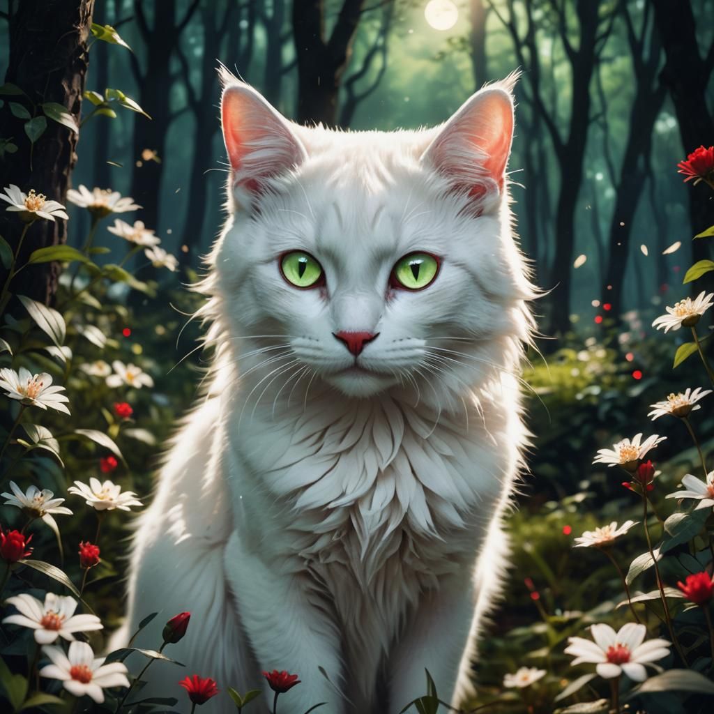 White Cat in Moonlit Forest: Fantastical Concept Art