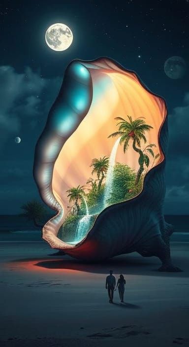 Enchanted Eden Microcosm Inside Iridescent Conch Shell