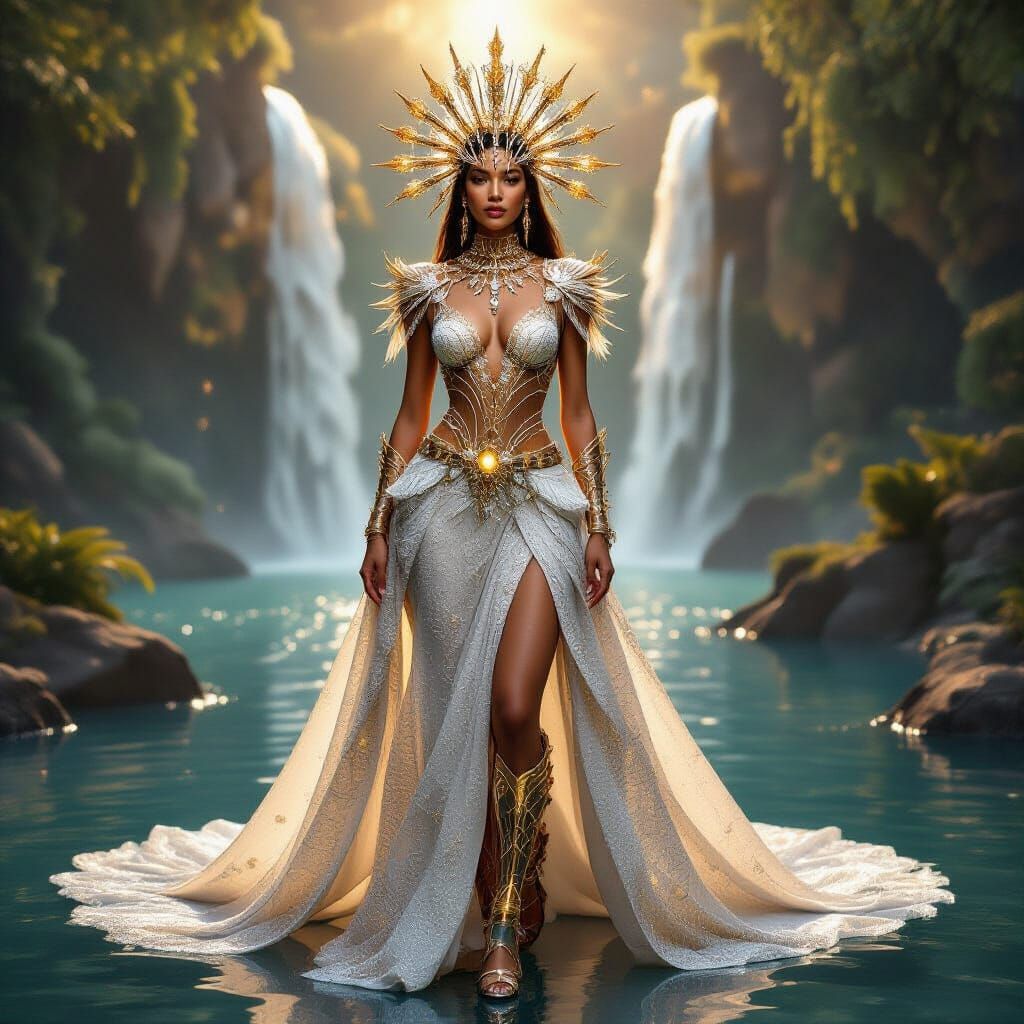 Divine Futuristic Goddess in Gold, Crystal, and Steel