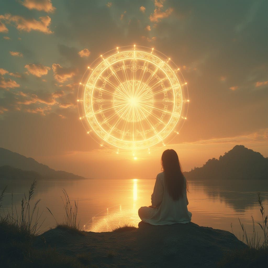 Cosmic Wheel in Serene Dusk Landscape Art