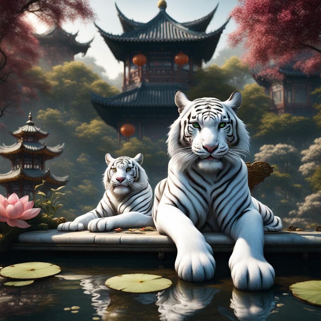 White Tigers in Lotus Garden: Fantasy Concept Art
