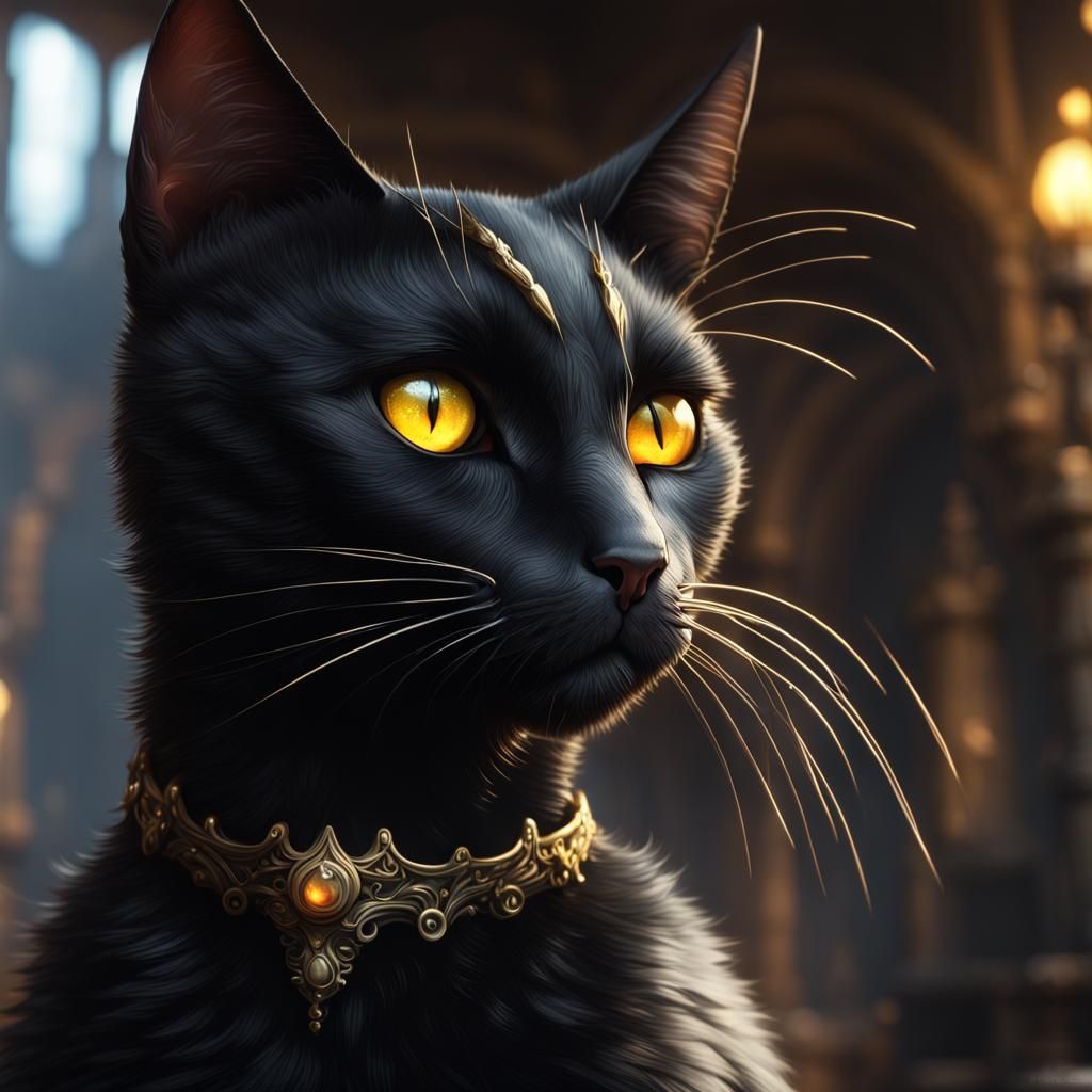 Fantastical Black Cat Portrait in Detailed Matte Painting