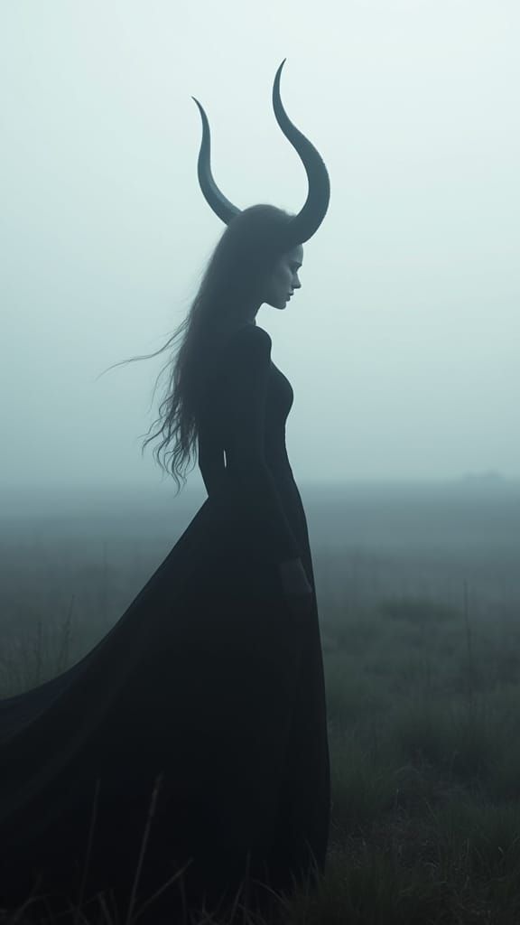 Statuesque Woman in Mist with Towering Horns