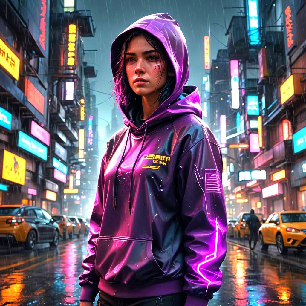 Sci-Fi Protagonist in Rainy Neon Cityscape