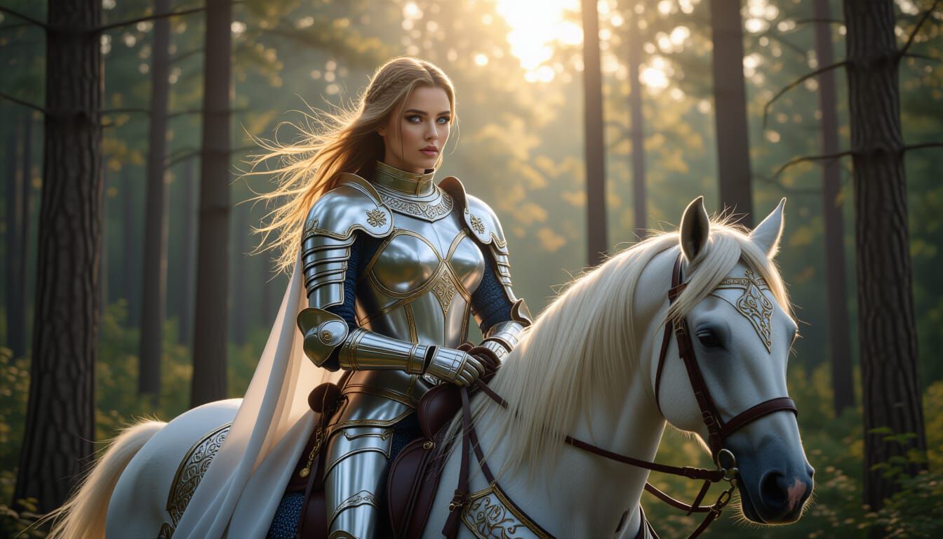 Woman Knight on Horseback in Forest at Dawn