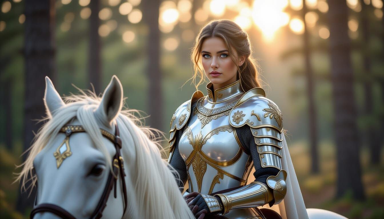 Woman Knight on Horseback Through Forest at Dawn