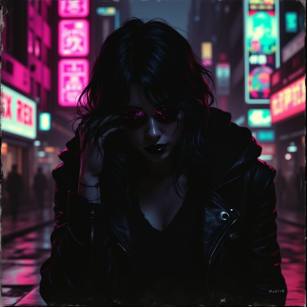 Shadow Figure in Neon Lights: Cyberpunk Turmoil