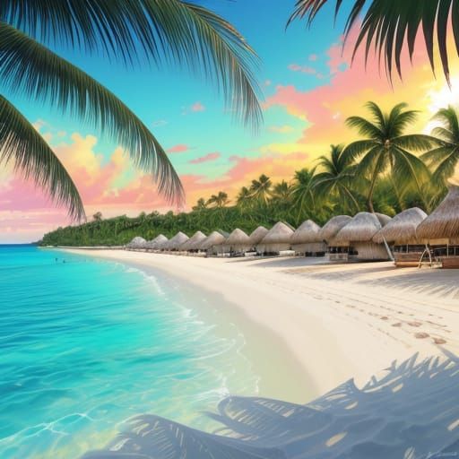 White Sand Beach in Tropical Paradise: Digital Painting