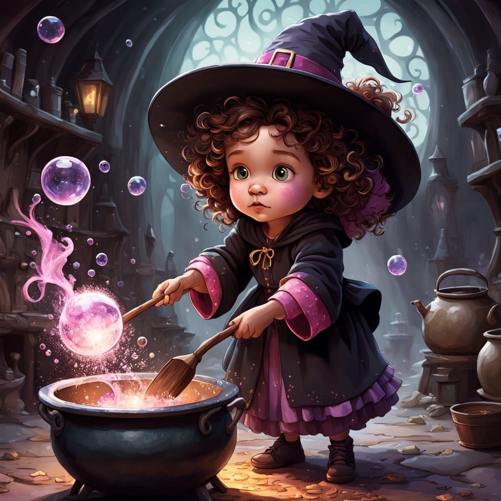 Toddler Witch Casting Chore Spell in Vibrant Fantasy Art