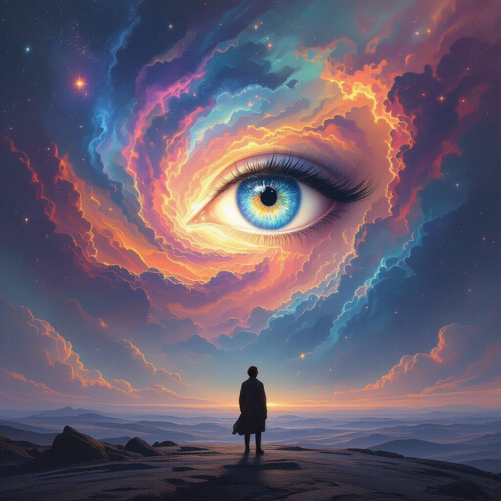 Surreal Cosmic Figure Gazes Into Nebula Eye