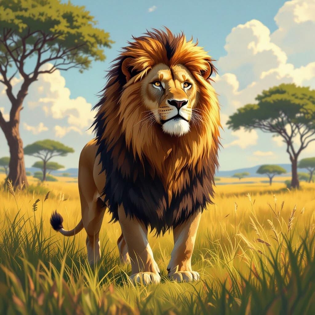 Majestic Lion in a Sun-Kissed Savannah, Digital Art