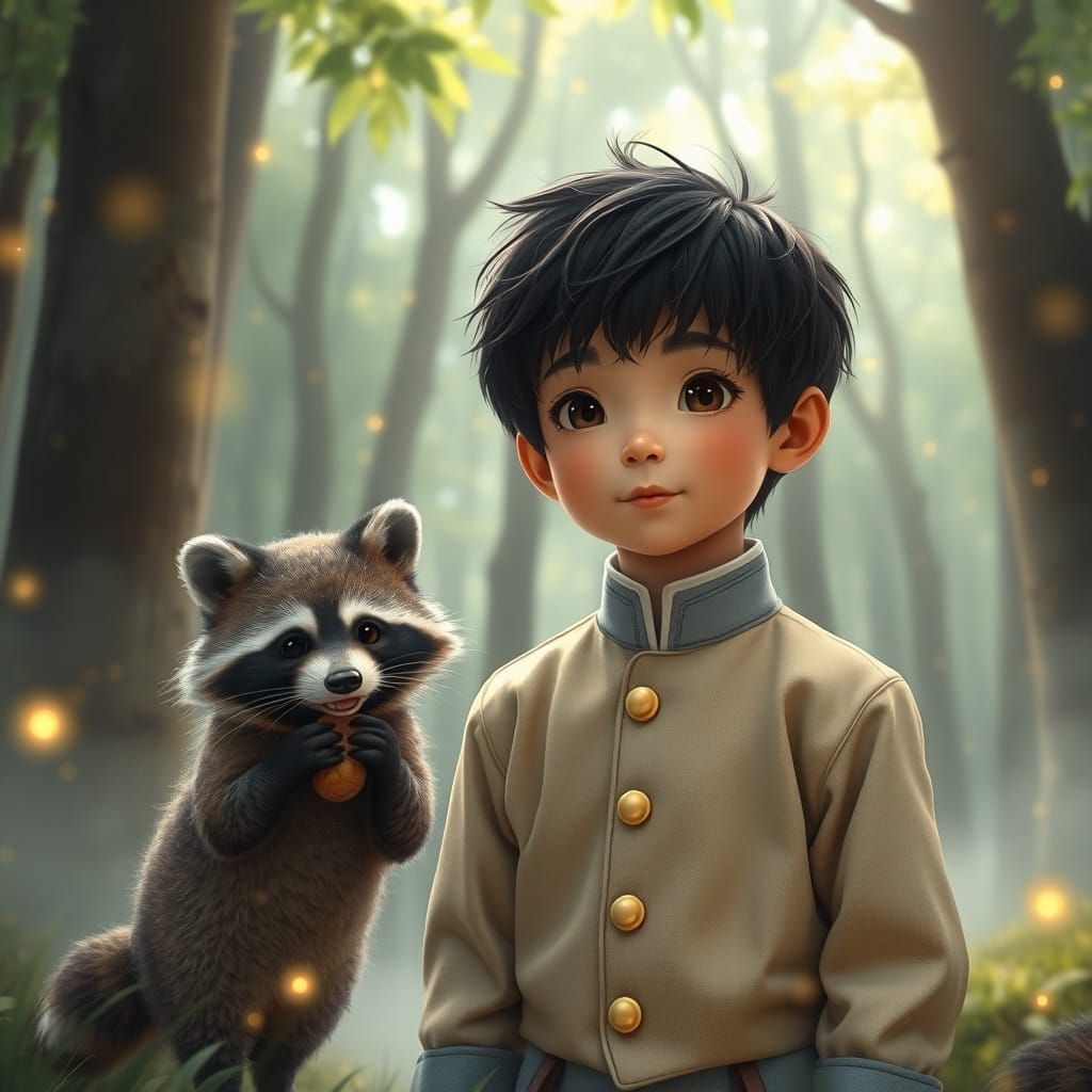 Young Boy and Japanese Raccoon Dog in Mystical Forest, Hyper...