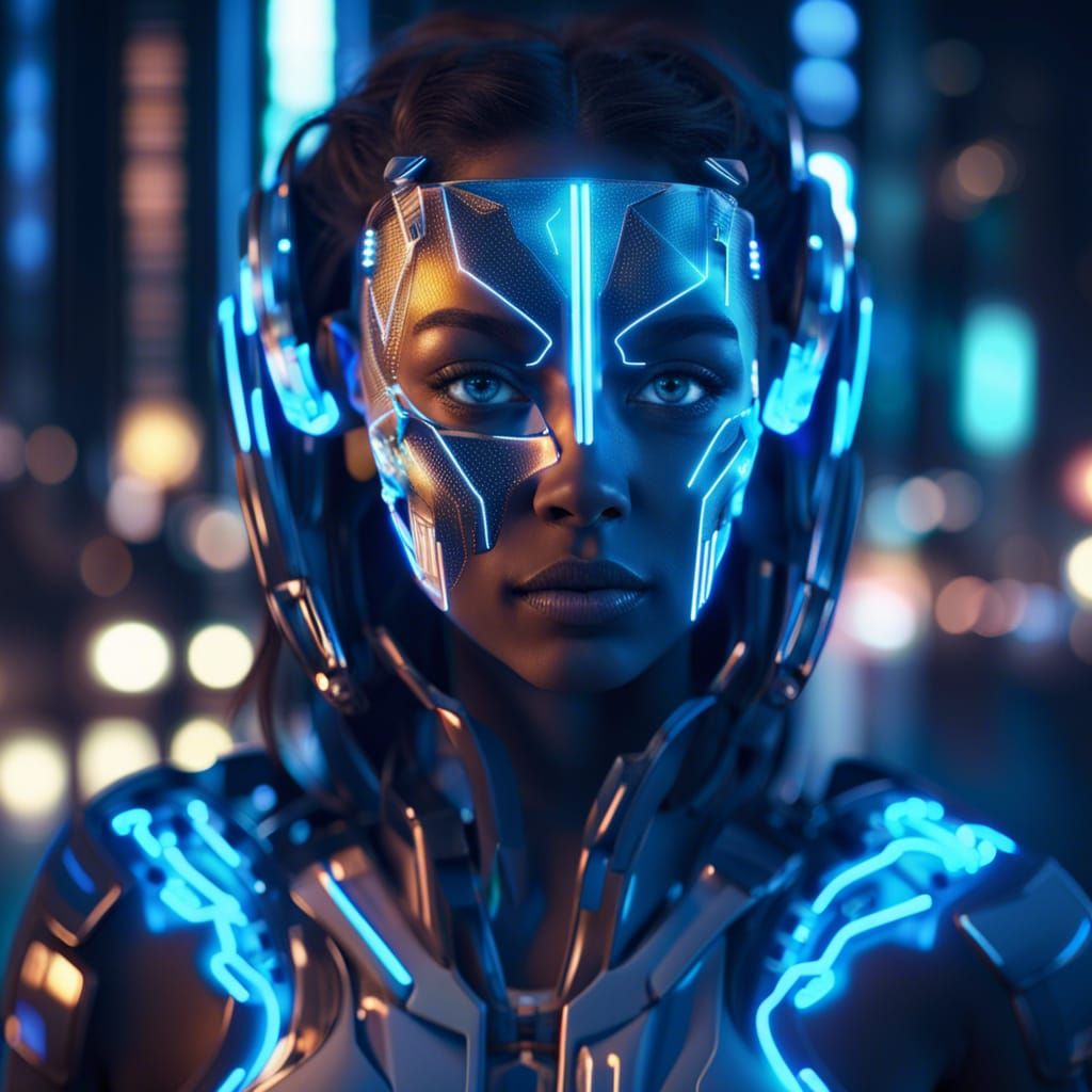Cyborg Girl in Neon City, Hyperdetailed Digital Art