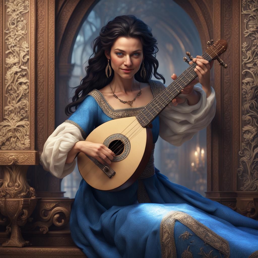 Fantasy Woman Playing Lute in Detailed Matte Painting