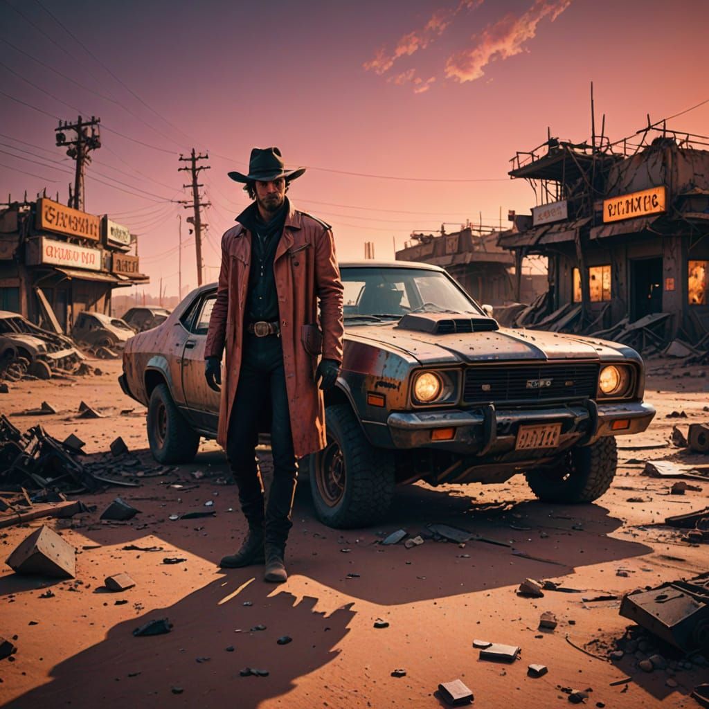 Cyberpunk Cowboy Stands Amidst Desert Ruin in Retro-Futurist...