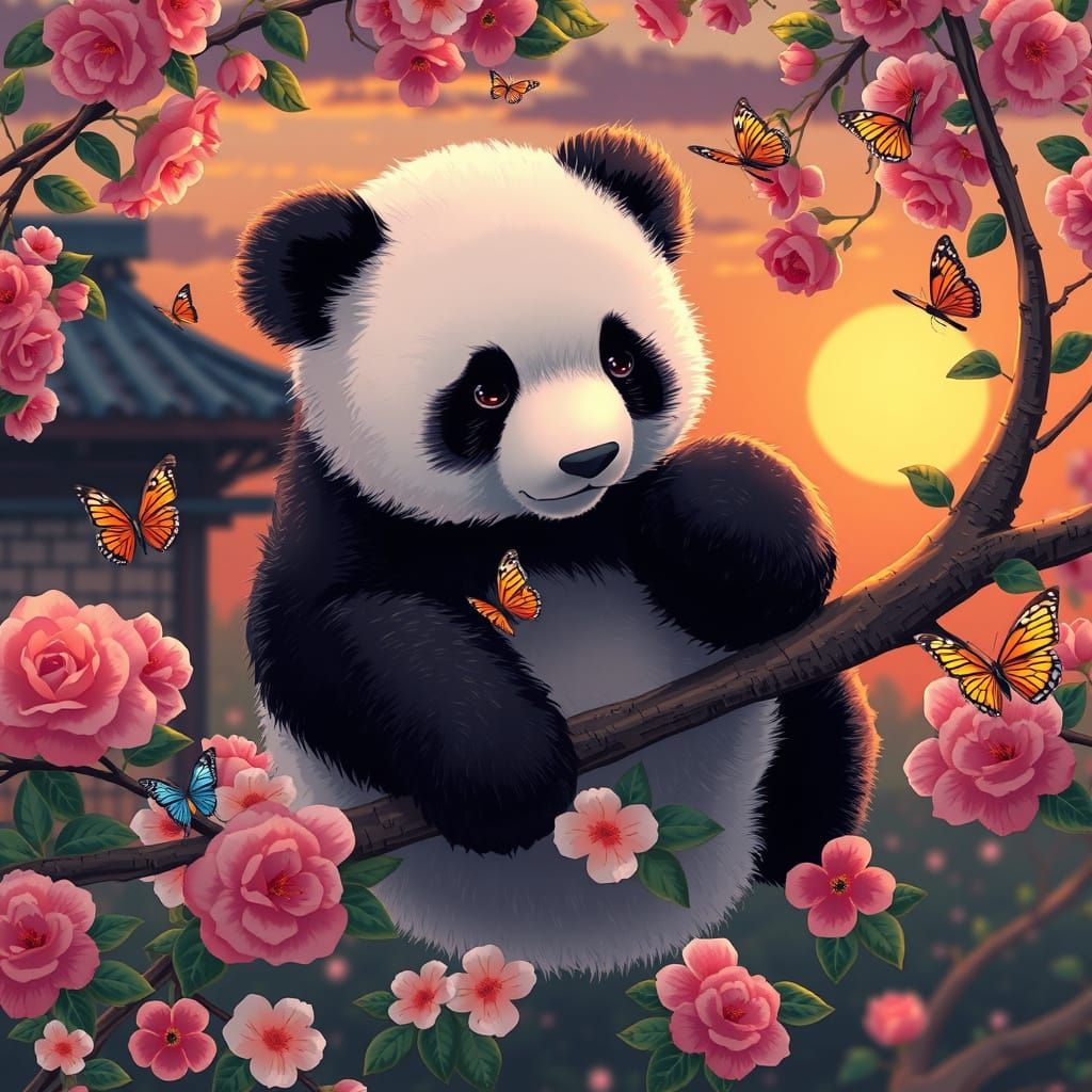 Japanese Panda in a Vibrant Garden at Sunset