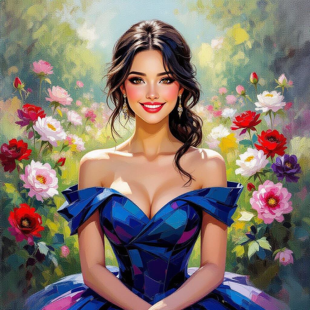 Woman in Peony Garden, Neo-Impressionist Ball Gown