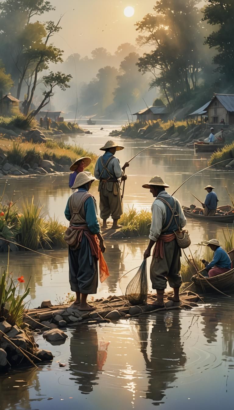 Villagers Fishing on Riverbank in Expressionist Style