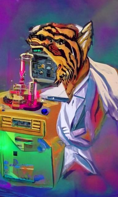 Tiger Scientist in 80s Miami, Digital Art