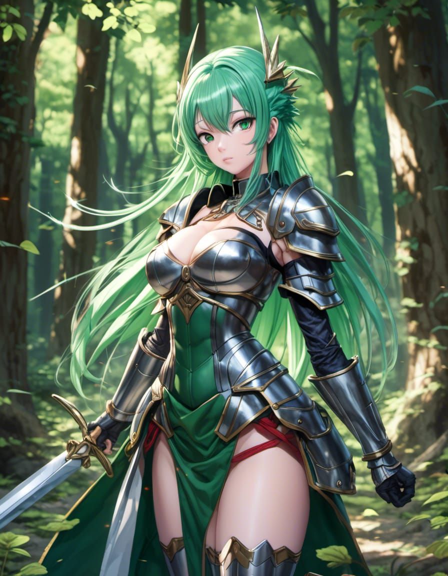 Green-Haired Knight in Anime Style Forest