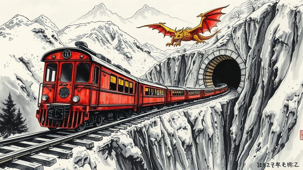 Floating Japanese Train in Whimsical Ink Splatter Art