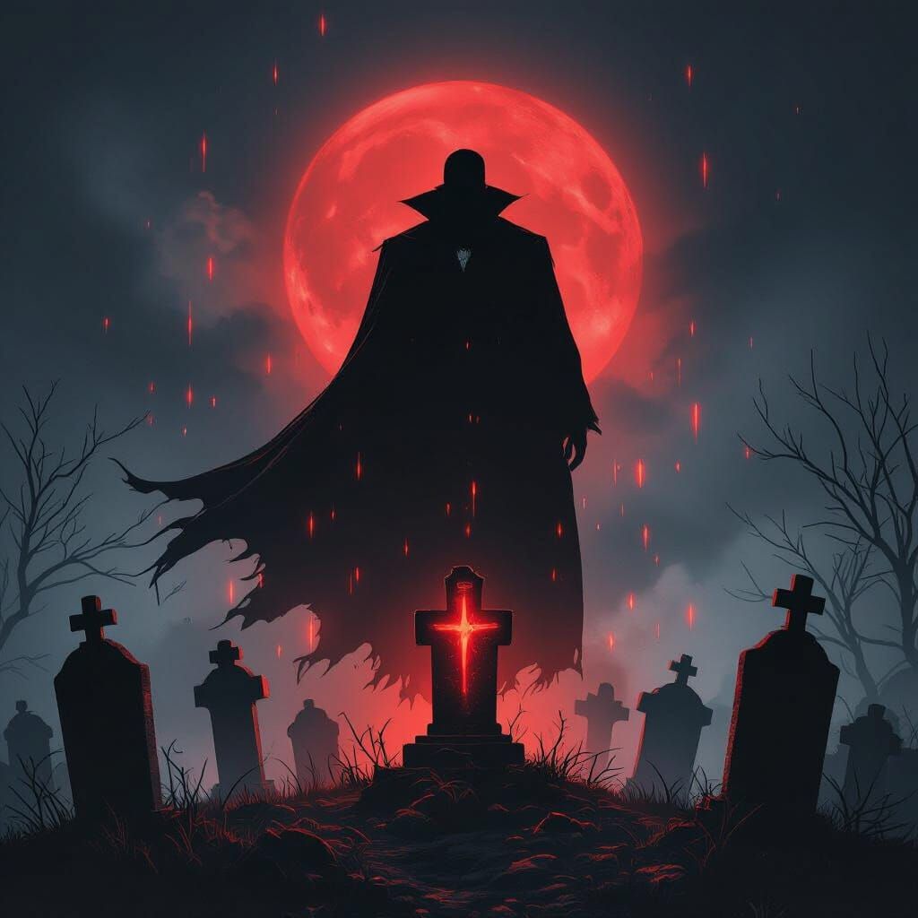 Mysterious Dracula Silhouette Over Tombstones with Red Glow