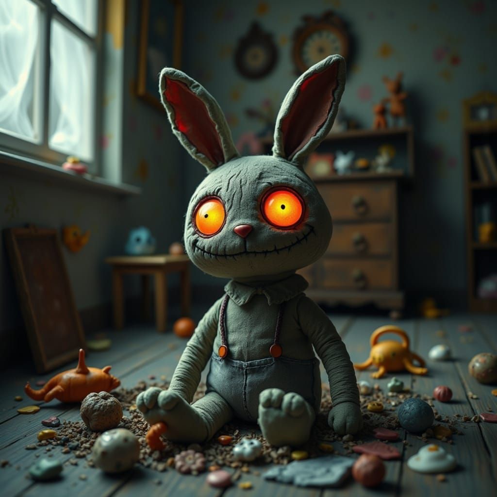 Unsettling Bunny Toy with Glowing Eyes in Child's Room