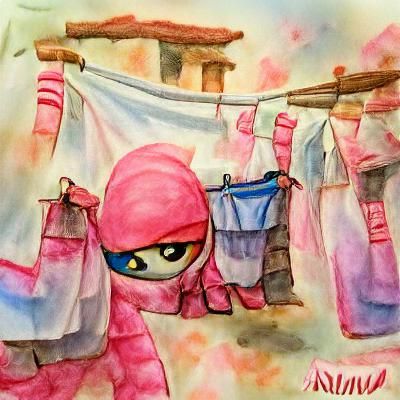 Pink Ninja Hiding in Laundry: Watercolor Style
