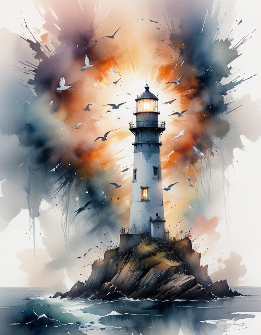 Misty Dawn Lighthouse Beam Cutting Fog with Seabirds