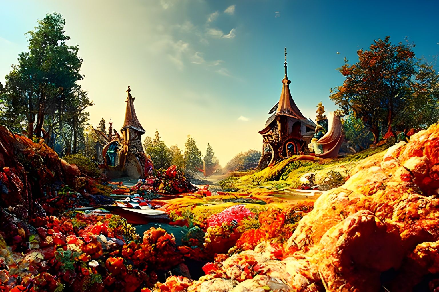 Magical Fairy Village Pond in Hyperrealism Style