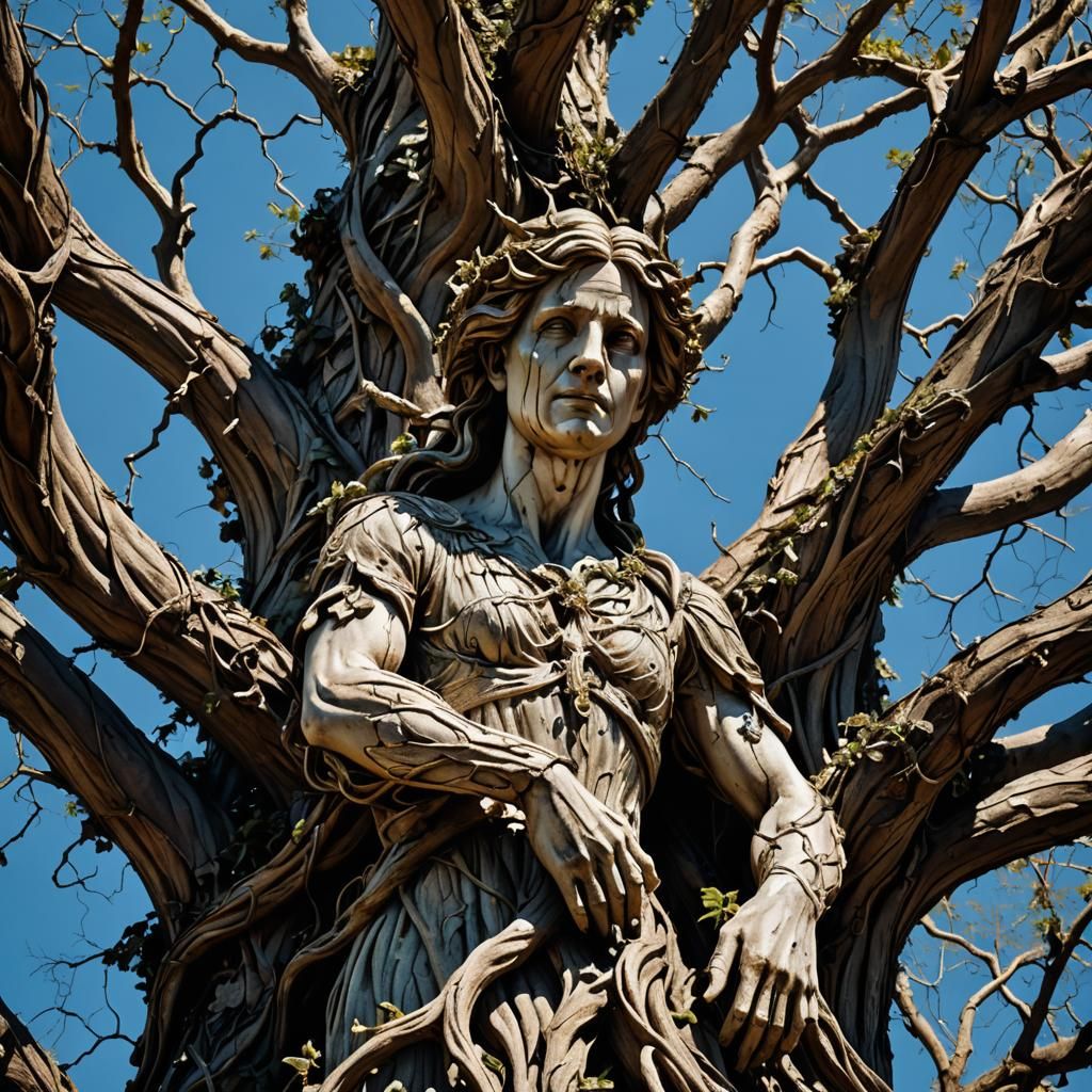 A dirt and blood stained angel with broken wings painfully clings up a massive, gnarled vine that's twisting up the tree...