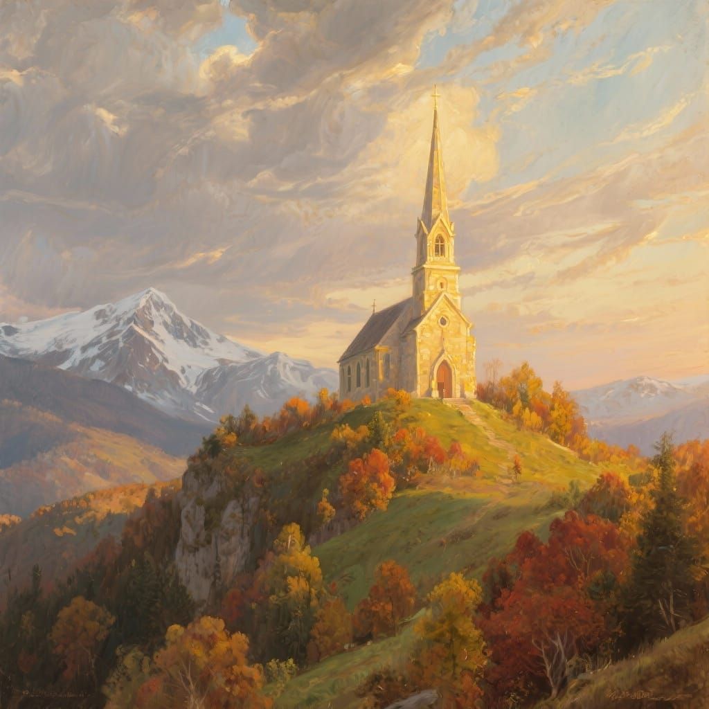 Majestic Church on Hilltop in Autumn Light Oil Painting