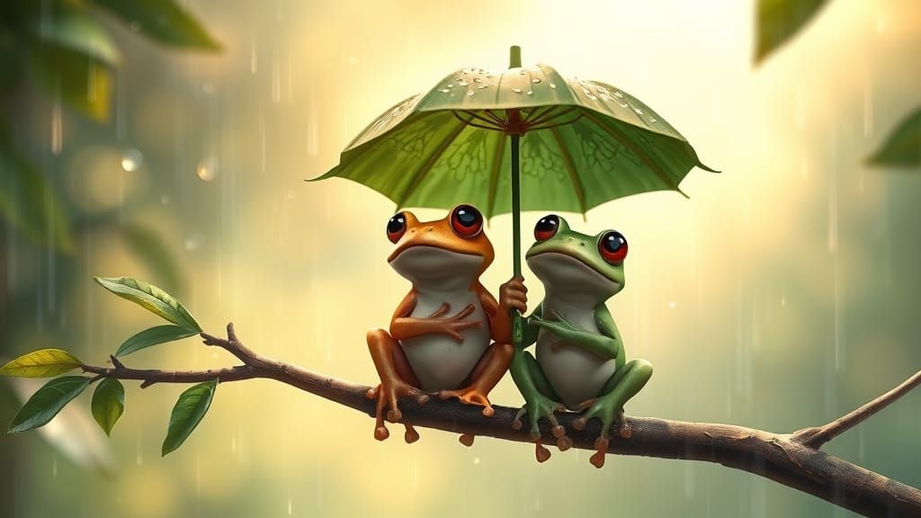 Whimsical Frogs Under Leaf Umbrella in Soft Rain