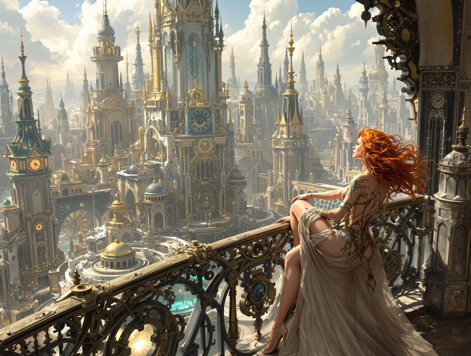 Steampunk Queen Surveys Futuristic Cityscape