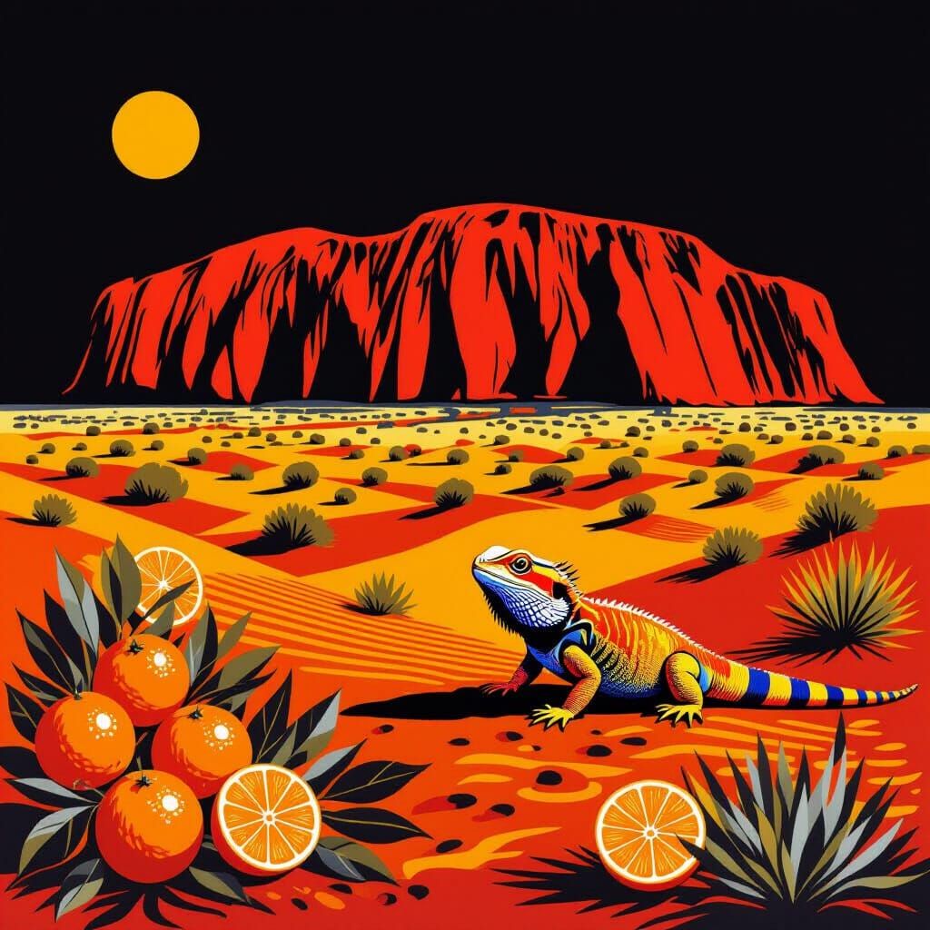 Uluru and Simpson Desert in Aboriginal Art Style